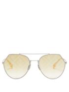 Matchesfashion.com Fendi - Ff Logo Print Aviator Metal Sunglasses - Womens - Yellow