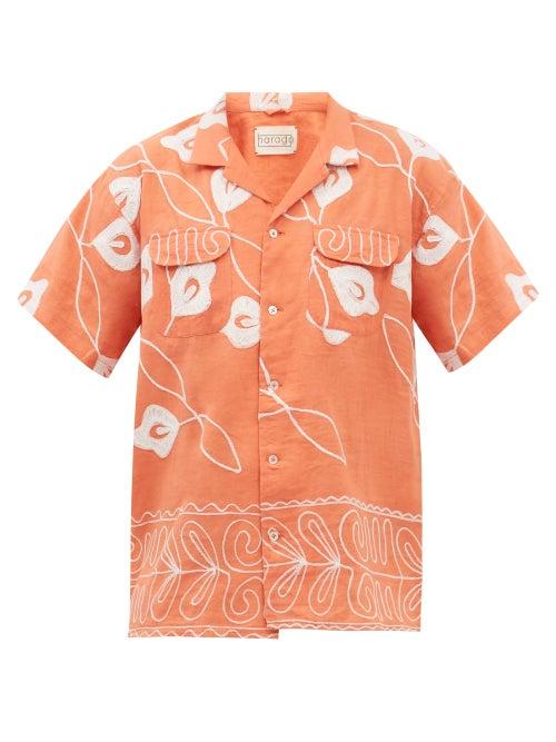 Harago - Floral-embroidered Cotton-blend Shirt - Mens - Orange Multi