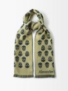 Alexander Mcqueen - Skull-jacquard Fringed Wool Scarf - Womens - Grey Multi