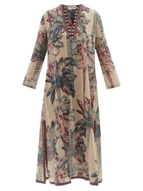 Emporio Sirenuse - Giada Palm-print Cotton-canvas Kaftan - Womens - Grey Print