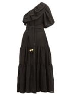 Matchesfashion.com Lisa Marie Fernandez - Arden One Shoulder Ruffled Linen Blend Dress - Womens - Black