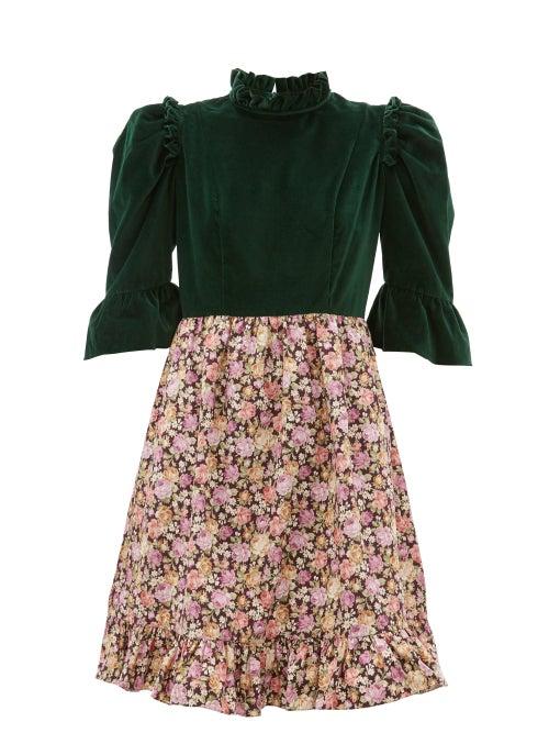 Matchesfashion.com Batsheva - Floral Print Cotton Canvas And Velvet Dress - Womens - Green