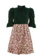Matchesfashion.com Batsheva - Floral Print Cotton Canvas And Velvet Dress - Womens - Green