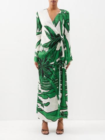 Johanna Ortiz - Gulf Of Guinea Palm-print Midi Wrap Dress - Womens - Green Print