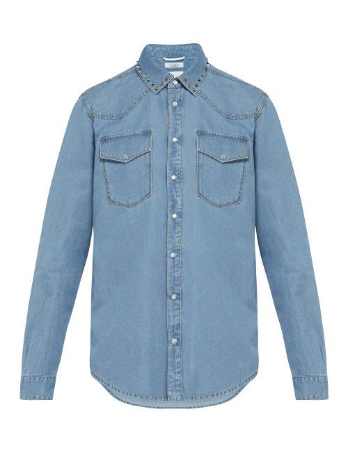 Matchesfashion.com Valentino - Rockstud Untitled Chambray Shirt - Mens - Light Blue