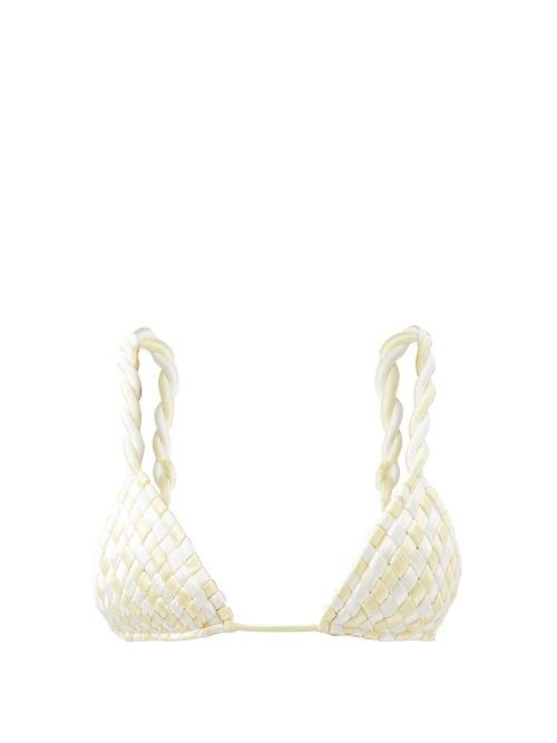 Isa Boulder - Weavetwist Woven Triangle Bikini Top - Womens - Yellow White