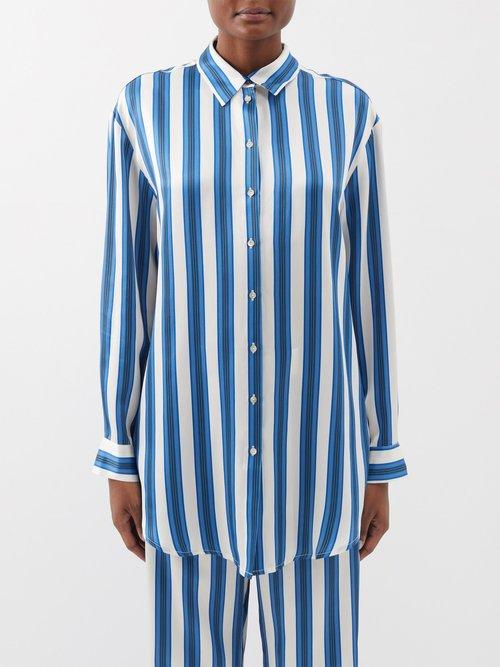 Asceno - London Striped Silk Pyjama Shirt - Womens - Blue Stripe