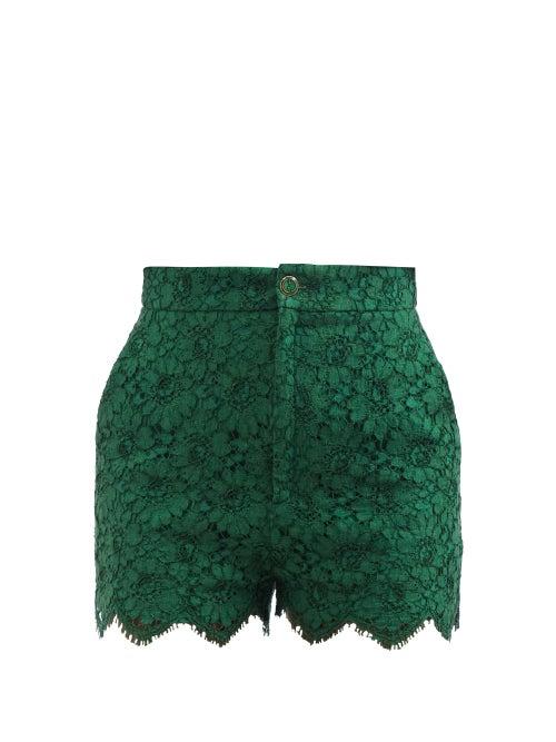 Gucci - Scallop-edge Floral-embroidered Lace Shorts - Womens - Dark Green