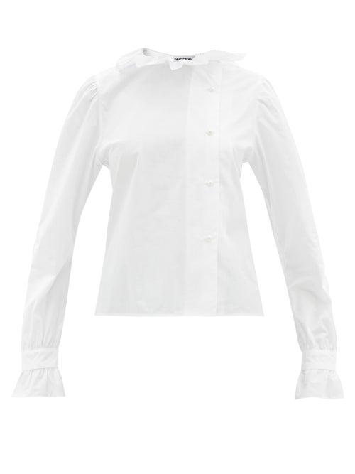 Batsheva - Ruffle-neck Cotton-poplin Top - Womens - White