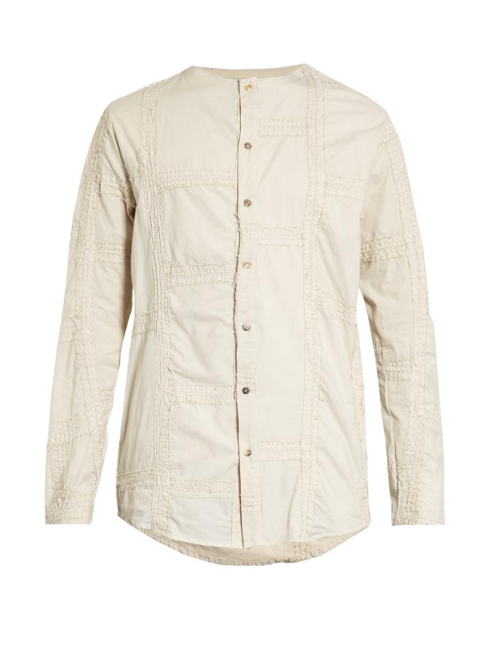 By Walid Collarless Embroidered-panel Antique-cotton Shirt