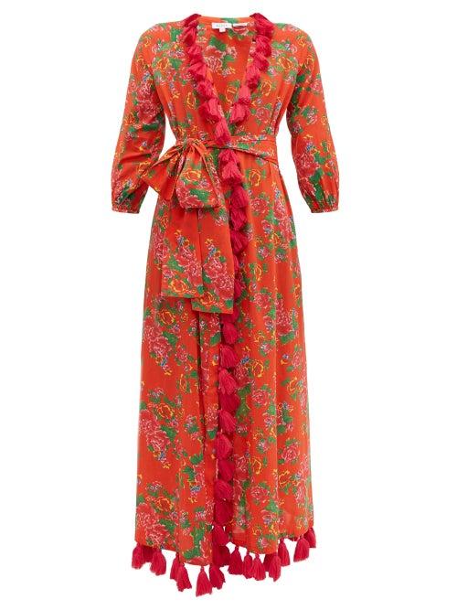 Matchesfashion.com Rhode - Lena Floral Print Tassel Trim Cotton Wrap Dress - Womens - Red Print