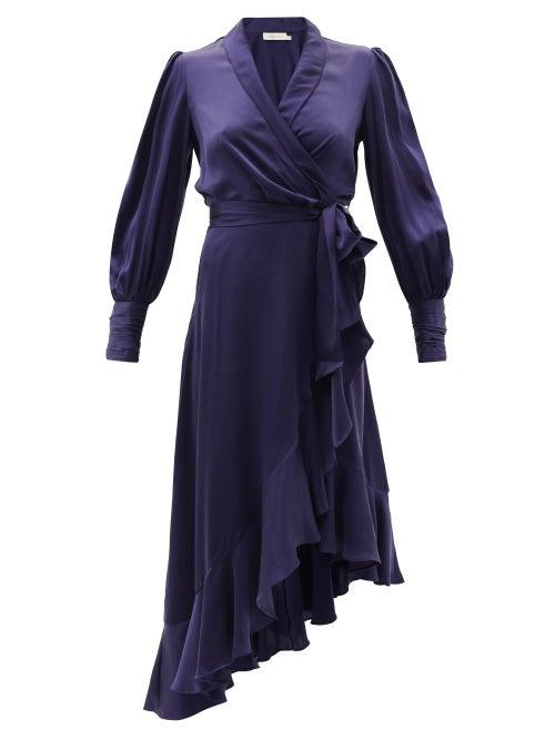 Matchesfashion.com Zimmermann - Bishop-sleeve Silk Wrap Midi Dress - Womens - Dark Blue