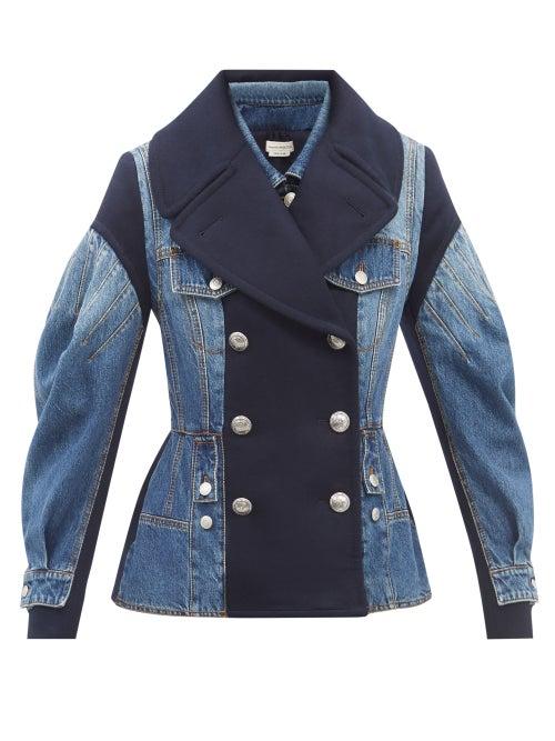 Alexander Mcqueen - Hybrid Peplum-hem Denim And Wool-blend Jacket - Womens - Denim