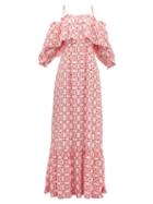 Matchesfashion.com Beulah - Aakash Off Shoulder Tile Print Silk Dress - Womens - Pink Multi