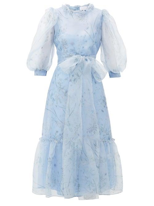 Matchesfashion.com Luisa Beccaria - Balloon-sleeve Floral-print Silk Midi Dress - Womens - Blue Multi