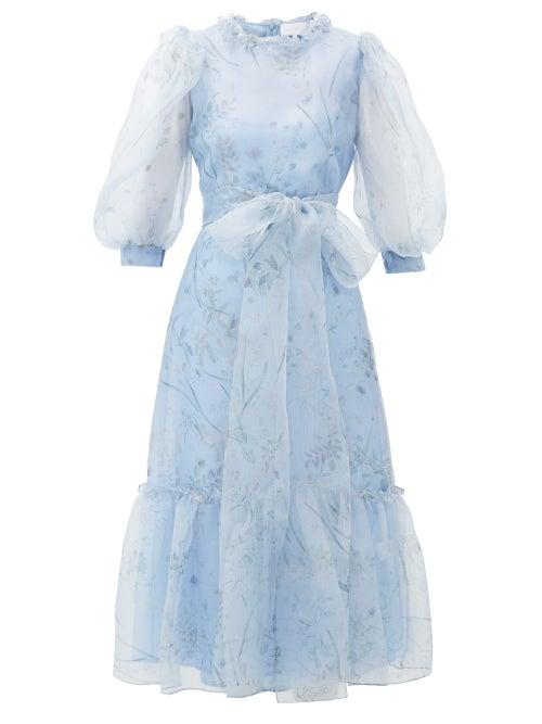 Matchesfashion.com Luisa Beccaria - Balloon-sleeve Floral-print Silk Midi Dress - Womens - Blue Multi