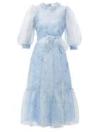 Matchesfashion.com Luisa Beccaria - Balloon-sleeve Floral-print Silk Midi Dress - Womens - Blue Multi