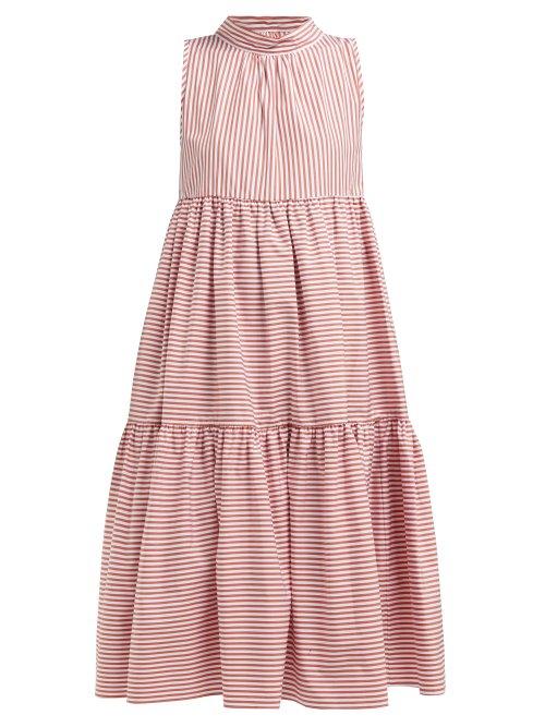 Matchesfashion.com Asceno - Neck Tie Tiered Striped Cotton Dress - Womens - Red Stripe