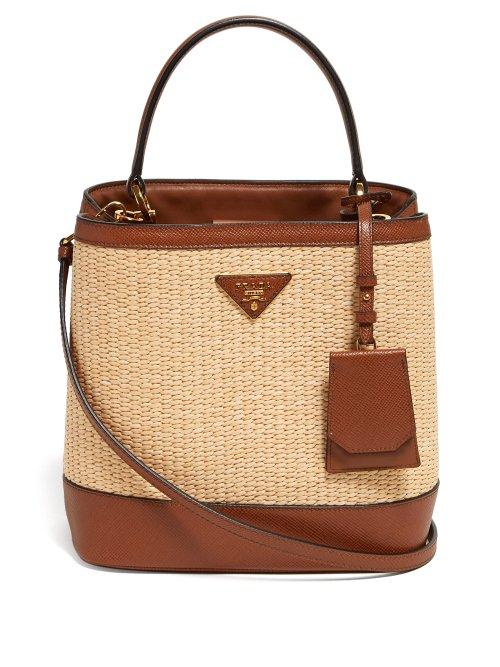 Matchesfashion.com Prada - Raffia And Leather Cross Body Bag - Womens - Beige Multi