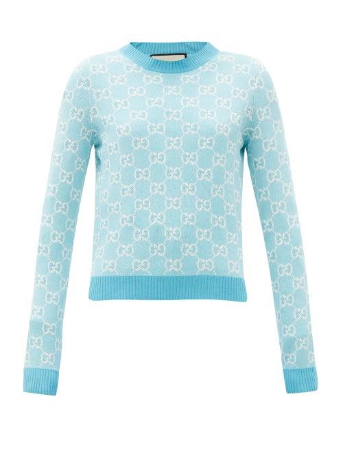 Ladies Rtw Gucci - Gg-jacquard Wool-blend Sweater - Womens - Blue White