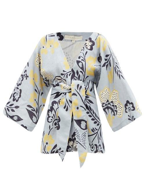 Ladies Beachwear Cala De La Cruz - Carina Floral-print Linen Wrap Top - Womens - Blue Print
