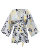 Ladies Beachwear Cala De La Cruz - Carina Floral-print Linen Wrap Top - Womens - Blue Print