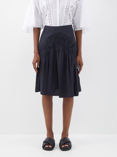 Merlette - Mare Gathered Cotton-poplin Midi Skirt - Womens - Black