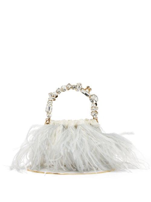 Matchesfashion.com Rosantica By Michela Panero - Diana Feather Trimmed Velvet Clutch - Womens - White Multi