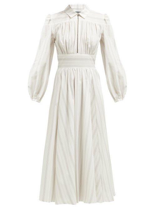 Matchesfashion.com Alexachung - Zip Collar Stripe Print Cotton Shirtdress - Womens - Grey White