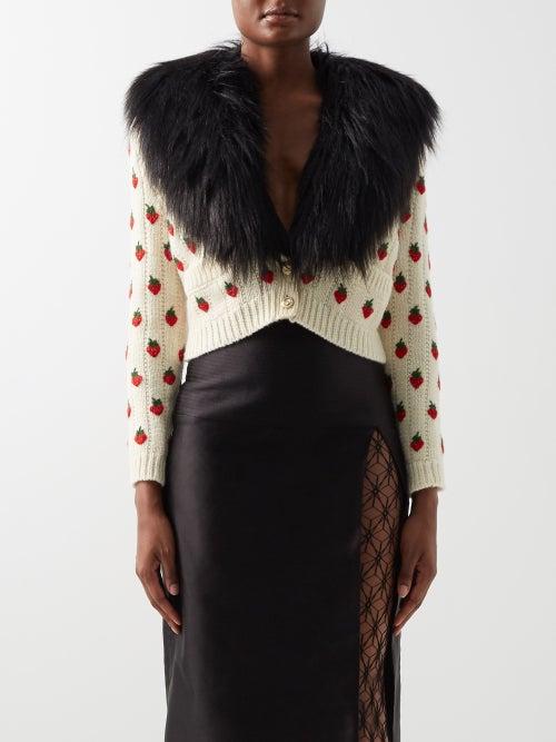 Gucci - Strawberry Faux-fur-trimmed Wool-blend Cardigan - Womens - Ivory Multi