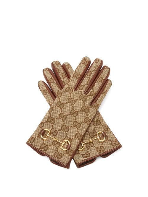 Gucci - Horsebit Leather And Gg-jacquard Canvas Gloves - Womens - Brown Beige