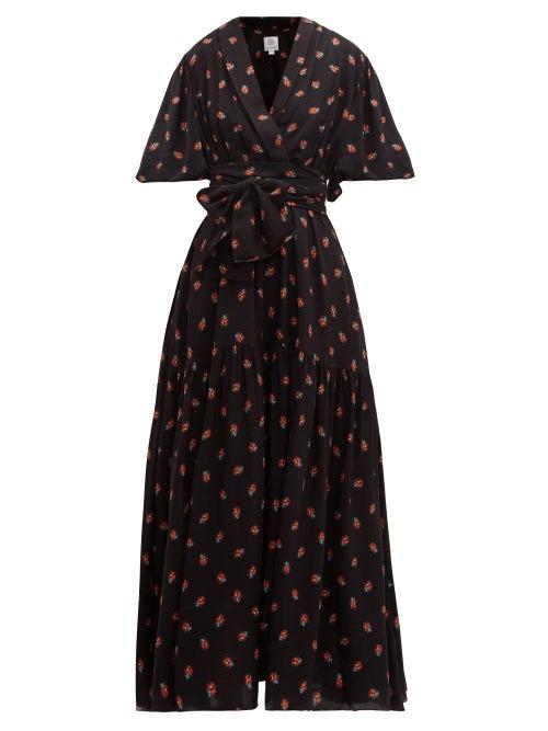 Matchesfashion.com Gl Hrgel - Floral Print Balloon Sleeve Midi Dress - Womens - Navy Print