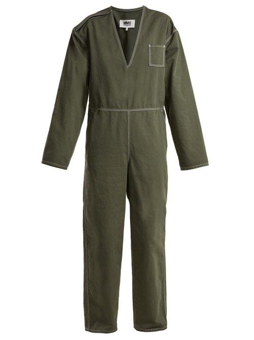 Matchesfashion.com Mm6 Maison Margiela - V Neck Straight Leg Cotton Jumpsuit - Womens - Khaki