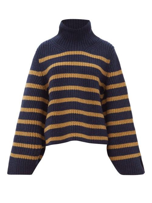 Matchesfashion.com Khaite - Molly Roll Neck Striped Cashmere Sweater - Womens - Navy Multi
