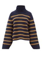 Matchesfashion.com Khaite - Molly Roll Neck Striped Cashmere Sweater - Womens - Navy Multi