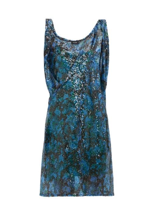 Matchesfashion.com Atlein - Draped Shoulder Sequinned Mini Dress - Womens - Green Multi