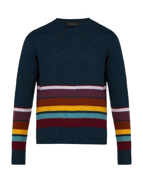 Matchesfashion.com Prada - Intarsia Stripe Wool Sweater - Mens - Blue Multi