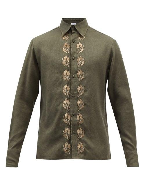 73 London - Gold Leaf-embroidered Cotton-blend Shirt - Mens - Khaki Multi