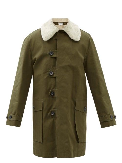Loewe - Faux Shearling-collar Canvas Parka - Mens - Green