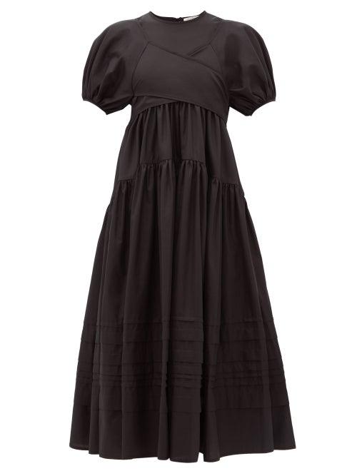 Matchesfashion.com Cecilie Bahnsen - Elisa Tie-back Tiered Cotton-poplin Midi Dress - Womens - Black