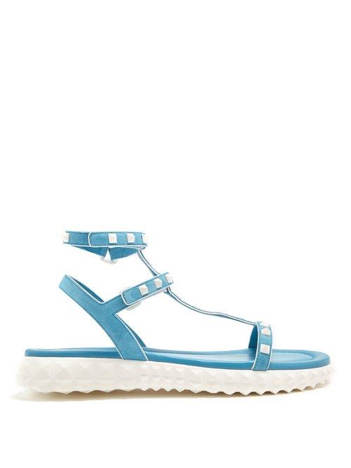 Matchesfashion.com Valentino - Free Rockstud Suede Sandals - Womens - Light Blue