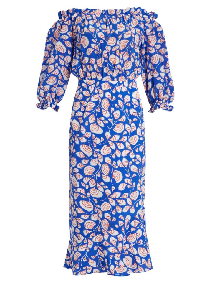 Saloni Gracie Off-the-shoulder Feather-print Silk Dress