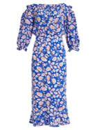 Saloni Gracie Off-the-shoulder Feather-print Silk Dress