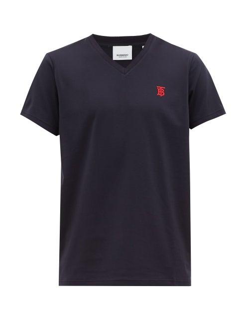 Matchesfashion.com Burberry - Logo-embroidered Cotton-blend V-neck T-shirt - Mens - Navy