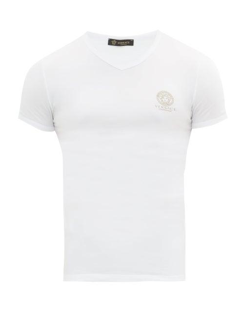 Matchesfashion.com Versace - Medusa Logo V Neck Stretch Cotton Jersey T Shirt - Mens - White