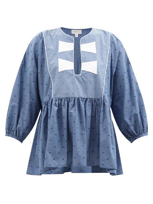 Wiggy Kit - Open-neck Cotton-gingham Blouse - Womens - Blue