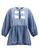 Wiggy Kit - Open-neck Cotton-gingham Blouse - Womens - Blue