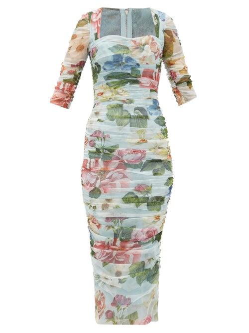 Matchesfashion.com Dolce & Gabbana - Ruched Floral-print Tulle Dress - Womens - Blue Print