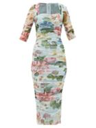 Matchesfashion.com Dolce & Gabbana - Ruched Floral-print Tulle Dress - Womens - Blue Print