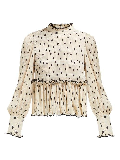 Matchesfashion.com Ganni - Lowell Polka Dot Pliss Blouse - Womens - Ivory